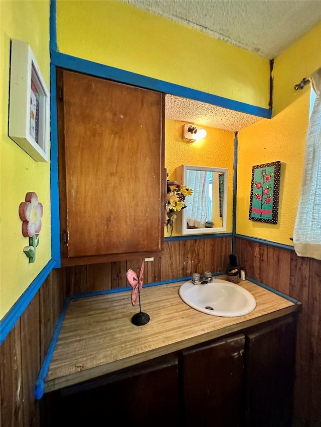903 College St, Sulphur Springs, TX 75482 - bathroom with a textured ceiling, vanity, wainscoting, and wooden walls