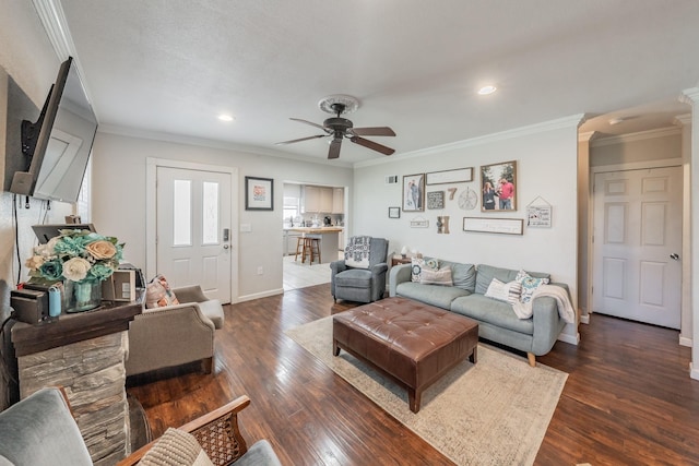 300 E Shoemaker St, Decatur, TX 76234 - living area with ornamental molding, a ceiling fan, baseboards, dark wood-type flooring, and recessed lighting