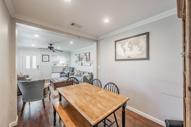 300 E Shoemaker St, Decatur, TX 76234 - dining room with baseboards, dark wood finished floors, recessed lighting, ceiling fan, and ornamental molding
