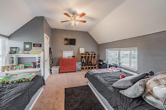 300 E Shoemaker St, Decatur, TX 76234 - bedroom featuring carpet floors, vaulted ceiling, and a ceiling fan