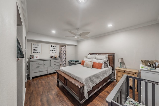 300 E Shoemaker St, Decatur, TX 76234 - bedroom featuring dark wood-style floors, ornamental molding, recessed lighting, and a ceiling fan