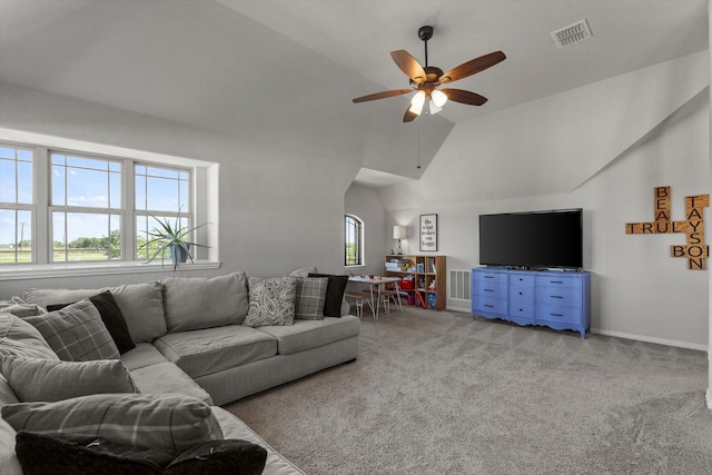 1042 Watercourse Pl, Royse City, TX 75189 - living room featuring a ceiling fan, high vaulted ceiling, carpet, and baseboards