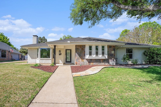 9112 Westwood Shores Dr, Fort Worth, TX 76179 - ranch-style house featuring a front yard, a chimney, brick siding, stone siding, and a garage