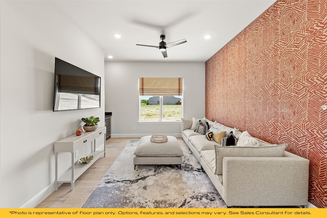 1044 Olympic Dr, Rockwall, TX 75087 - living area featuring baseboards, light wood-style floors, recessed lighting, ceiling fan, and an accent wall