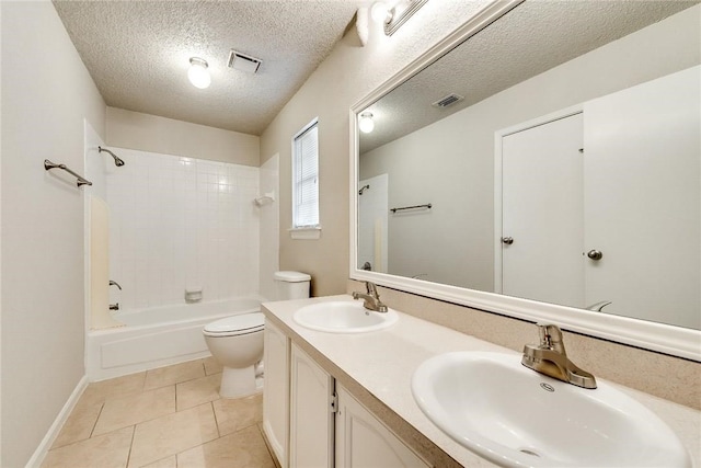 3610 Peakview Dr, Corinth, TX 76210 - full bathroom featuring toilet, shower / bathtub combination, double vanity, a textured ceiling, and tile patterned floors