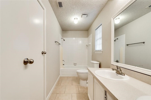 3610 Peakview Dr, Corinth, TX 76210 - full bathroom featuring a textured ceiling, toilet, double vanity, tile patterned flooring, and shower / washtub combination