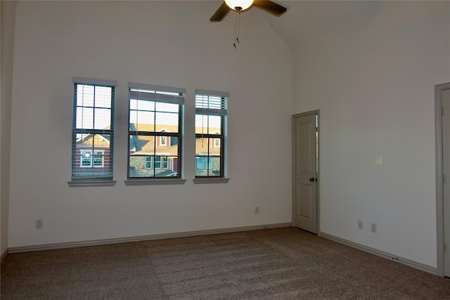 2538 Settlers Pl, Garland, TX 75042 - carpeted empty room featuring high vaulted ceiling, a ceiling fan, healthy amount of natural light, and baseboards