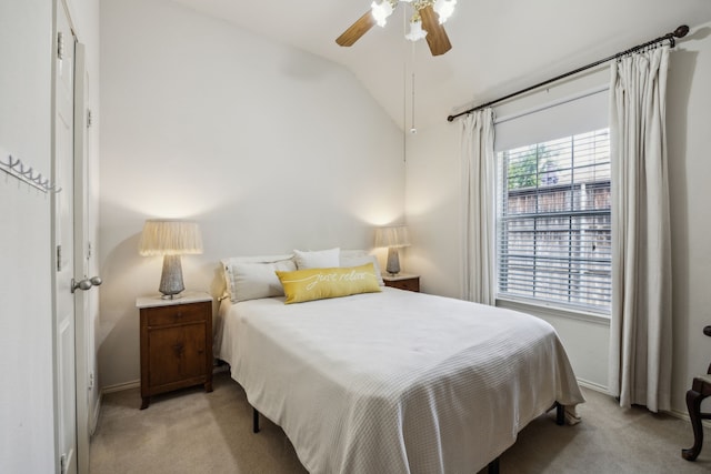 10119 Andre Dr, Irving, TX 75063 - bedroom with light carpet, vaulted ceiling, baseboards, and ceiling fan