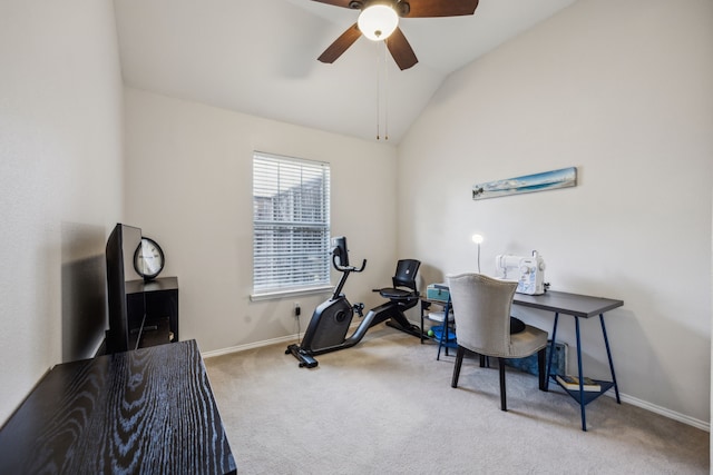 10119 Andre Dr, Irving, TX 75063 - carpeted office space featuring ceiling fan, vaulted ceiling, and baseboards