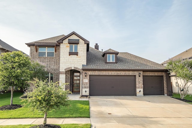 1417 Stoneleigh Pl, Aubrey, TX 76227 - french country style house featuring brick siding, a garage, driveway, and roof with shingles