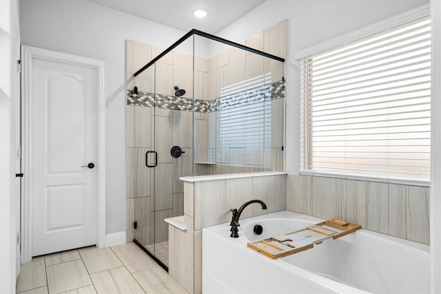 1417 Stoneleigh Pl, Aubrey, TX 76227 - bathroom with a garden tub, a stall shower, and tile patterned flooring
