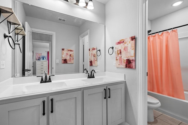 1417 Stoneleigh Pl, Aubrey, TX 76227 - bathroom with double vanity, tile patterned flooring, toilet, shower / bathtub combination with curtain, and recessed lighting