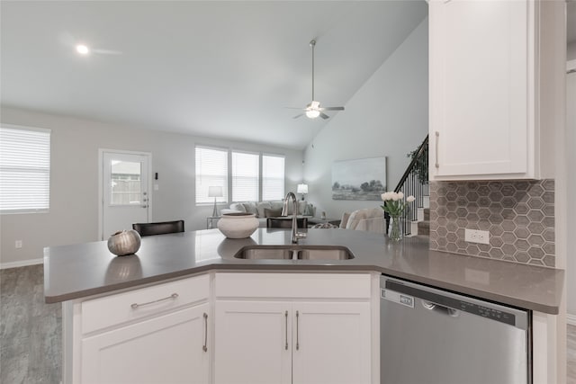 1616 Berry Ridge Trl, Aubrey, TX 76227 - kitchen with a sink, stainless steel dishwasher, open floor plan, light wood-style floors, and ceiling fan