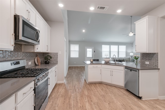 1616 Berry Ridge Trl, Aubrey, TX 76227 - kitchen featuring appliances with stainless steel finishes, ceiling fan, a peninsula, dark countertops, and open floor plan