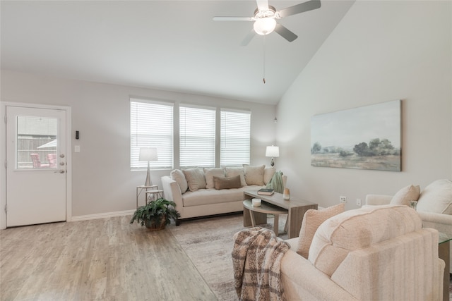 1616 Berry Ridge Trl, Aubrey, TX 76227 - living room featuring wood finished floors, ceiling fan, high vaulted ceiling, and baseboards