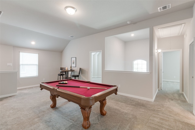 1616 Berry Ridge Trl, Aubrey, TX 76227 - game room featuring attic access, carpet, billiards, lofted ceiling, and baseboards