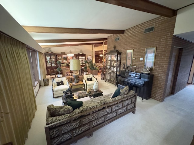 905 Bennett Dr, Bowie, TX 76230 - carpeted living area with beamed ceiling and a chandelier