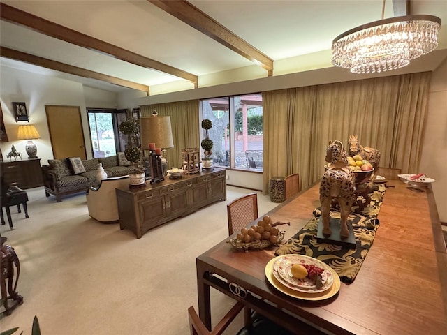905 Bennett Dr, Bowie, TX 76230 - living room with a chandelier, beam ceiling, and light carpet