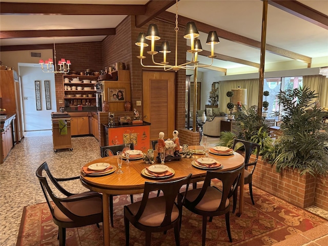 905 Bennett Dr, Bowie, TX 76230 - dining room featuring a chandelier, brick wall, and beam ceiling
