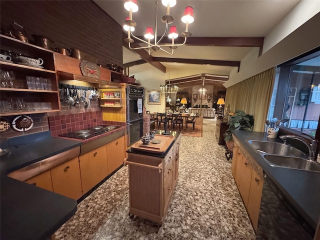 905 Bennett Dr, Bowie, TX 76230 - kitchen with black appliances, a chandelier, a sink, backsplash, and premium range hood