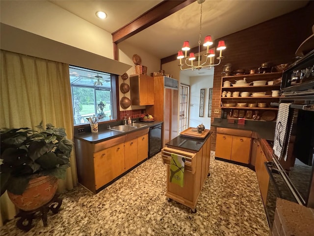 905 Bennett Dr, Bowie, TX 76230 - kitchen with black appliances, dark countertops, a sink, a chandelier, and beamed ceiling