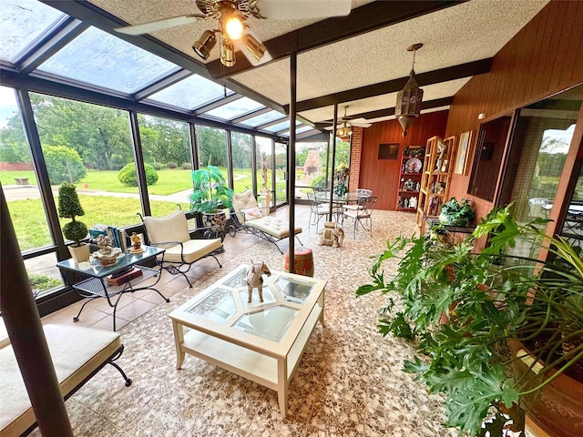 905 Bennett Dr, Bowie, TX 76230 - sunroom with a ceiling fan, an outdoor living space, and beam ceiling