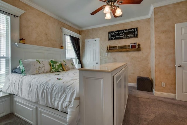 1461 Bristol Ln, Providence Village, TX 76227 - carpeted bedroom with ornamental molding, baseboards, and ceiling fan