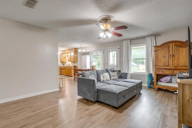 423 Parkview Dr, Burleson, TX 76028 - living room with light wood finished floors, a textured ceiling, a ceiling fan, and baseboards