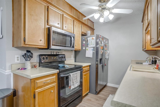 423 Parkview Dr, Burleson, TX 76028 - kitchen with stainless steel appliances, a sink, light wood-style floors, light countertops, and ceiling fan
