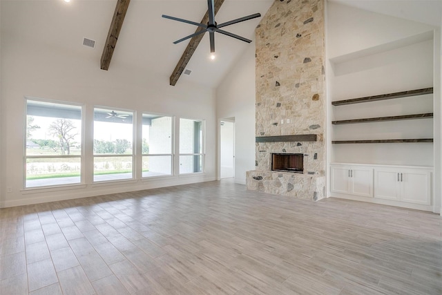 823 Wind River Pass, Azle, TX 76020 - unfurnished living room featuring a ceiling fan, high vaulted ceiling, light wood-style floors, beam ceiling, and a fireplace