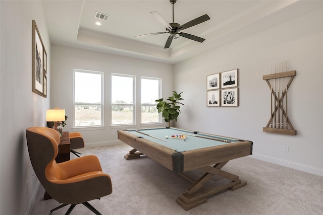 823 Wind River Pass, Azle, TX 76020 - rec room featuring baseboards, carpet floors, a raised ceiling, billiards, and a ceiling fan