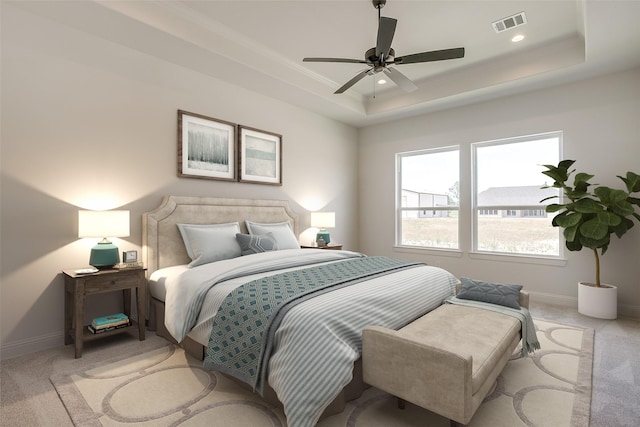 823 Wind River Pass, Azle, TX 76020 - bedroom with light colored carpet, a raised ceiling, baseboards, recessed lighting, and ceiling fan