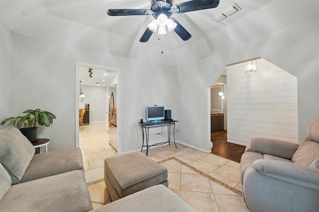 6701 Ridgetop Rd, North Richland Hills, TX 76182 - living area with ceiling fan and tile patterned flooring