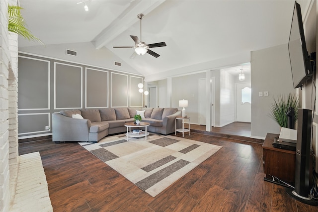 6701 Ridgetop Rd, North Richland Hills, TX 76182 - living room featuring a ceiling fan, dark wood finished floors, and a decorative wall
