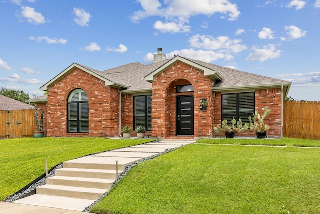 826 Ashley Pl, Mesquite, TX 75181 - view of front facade featuring roof with shingles, brick siding, and a chimney