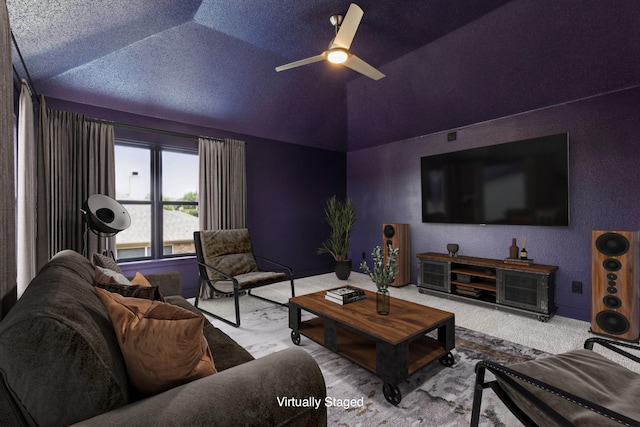 826 Ashley Pl, Mesquite, TX 75181 - carpeted living room with vaulted ceiling and a ceiling fan