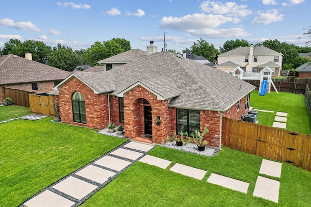 826 Ashley Pl, Mesquite, TX 75181 - traditional-style house with a gate, roof with shingles, brick siding, and a chimney
