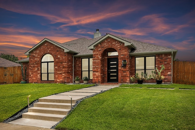 826 Ashley Pl, Mesquite, TX 75181 - ranch-style house featuring roof with shingles, a chimney, and brick siding