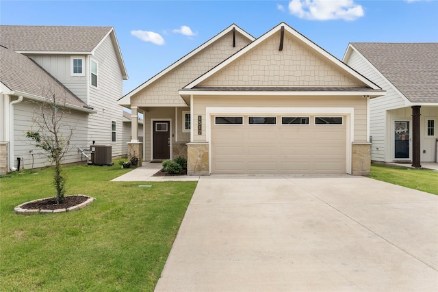 1512 Elise Ave, Waco, TX 76706 - craftsman house featuring a garage, concrete driveway, a front lawn, cooling unit, and stone siding