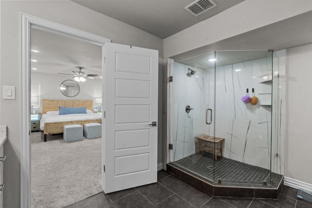 1617 Versailles Dr, Richardson, TX 75081 - ensuite bathroom featuring a shower stall, tile patterned floors, a ceiling fan, baseboards, and recessed lighting