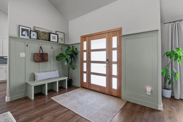 1617 Versailles Dr, Richardson, TX 75081 - mudroom featuring dark wood finished floors and high vaulted ceiling