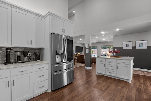 1617 Versailles Dr, Richardson, TX 75081 - kitchen with stainless steel fridge, dark wood finished floors, white cabinets, recessed lighting, and open floor plan