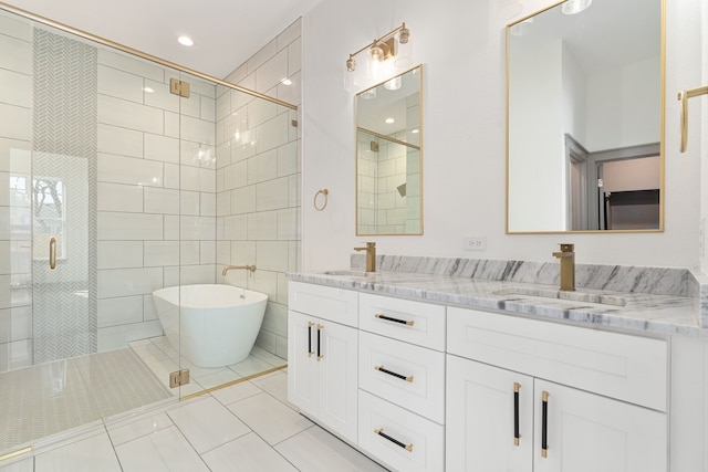 840 Northwood Rd, Fort Worth, TX 76107 - bathroom with a shower stall, double vanity, a soaking tub, tile patterned flooring, and recessed lighting
