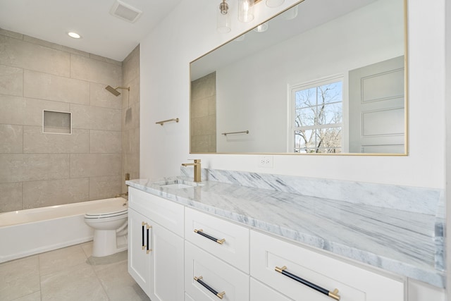 840 Northwood Rd, Fort Worth, TX 76107 - full bathroom featuring toilet, vanity, shower / tub combination, tile patterned floors, and recessed lighting