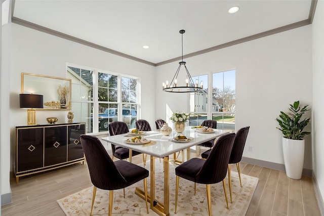 840 Northwood Rd, Fort Worth, TX 76107 - dining area featuring crown molding, a chandelier, healthy amount of natural light, light wood-type flooring, and baseboards