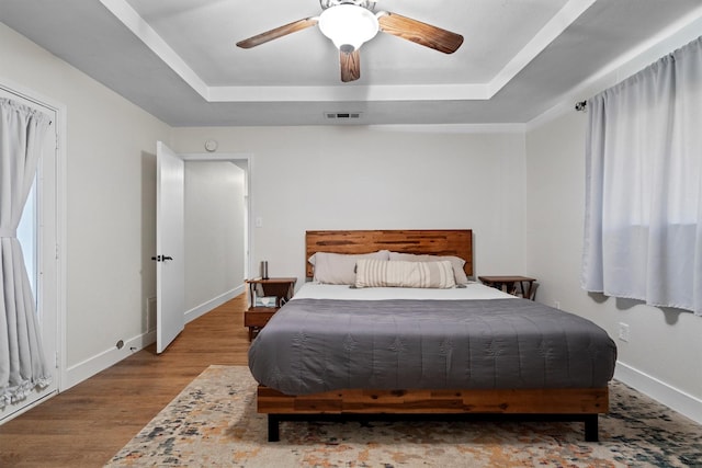 1610 Alpine Pass, Lewisville, TX 75077 - bedroom with a tray ceiling, wood finished floors, and a ceiling fan