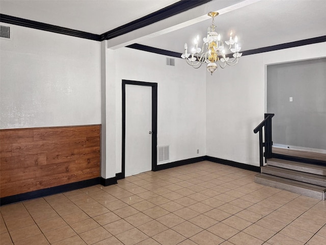 18023 Lakeview Blvd, Mabank, TX 75156 - empty room featuring ornamental molding, a chandelier, beam ceiling, baseboards, and light tile patterned flooring