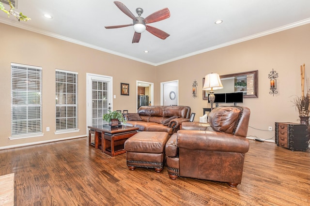 2510 High Pointe Blvd, Mckinney, TX 75071 - living room with ceiling fan, wood finished floors, crown molding, and recessed lighting