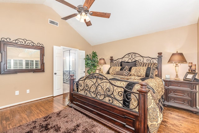 2510 High Pointe Blvd, Mckinney, TX 75071 - bedroom featuring wood finished floors, high vaulted ceiling, ensuite bathroom, and ceiling fan