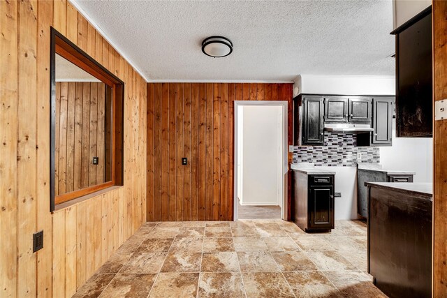 635 N Center St, Blossom, TX 75416 - kitchen featuring wood walls, backsplash, a textured ceiling, and under cabinet range hood